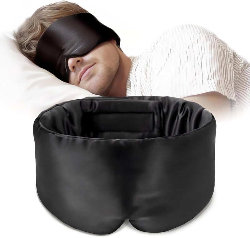 100% Mulberry Silk Sleep Mask Eye Mask for Women Man with Adjustable Band,Reduces Wrinkles, for Side Sleeper Blackout Sleep Mask for Travel Rest and Office Large Size (Black)